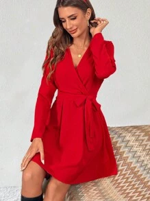 SHEIN Clasi 女士纯色裹身领带优雅简约时尚优雅连衣裙，春秋季新年衣服