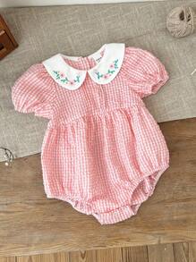 SHEIN LMoss Kids Newborn Baby Girl Cute Plaid Embroidered Ruffle Collar Romper, Summer