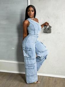 Slaydiva Women's Denim Overalls And Jumpsuits Sexy One Shoulder Overalls Jumpsuit Blue Loose Jumpsuit Cargo Pants Women Rompers For Women Romper Overalls Women Denim Jumpsuit One Piece Jumpsuit Summer Outfits For Women Rave Outfits Festival Valentines