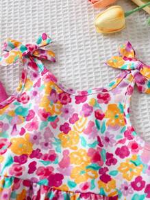 SHEIN LMoss Kids LMoss  Babygirl Summer Floral Print Casual Pants And Camisole Set - Hot Pink - View 7