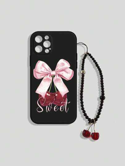 Kawaii Cover protettiva in silicone per telefono raffigurante un fiocco dolce e uno cigliegino, con perle finte, adatta per iPhone 12/13/14 e altri telefoni