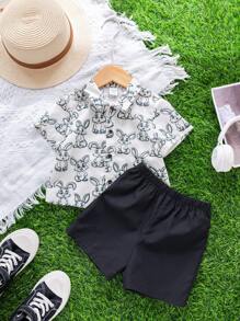 SHEIN Leap Crew 2 pièces/ensemble chemise à manches courtes avec motif de lapin de Pâques mignon et short à taille élastique pour bébé garçons, tenue d'été - Multicolore - Voir 6