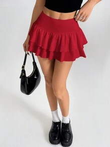 SHEIN PETITE Women's Double Layer Ruffle Hem A-Line Short Skirt - Burgundy - View 4