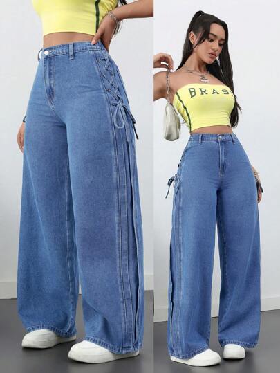 SHEIN Tall 女式宽松休闲蓝色牛仔裤，配蝴蝶结装饰