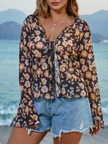 SHEIN VCAY Plus Size Women Asymmetric Deep V-Neck Knotted Long Sleeve Floral Vacation Top - Multicolor - View 4