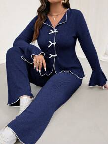 Calvaya Plus Size Soft Velvet Ribbed Fabric V-Neck Ruffled Collar With Multiple Bow Decor Contrast Trim Flare Sleeve Uneven Hem Pullover & Contrast Rib Straight Pants 2 Pieces Loungewear Set - Navy Blue - View 6