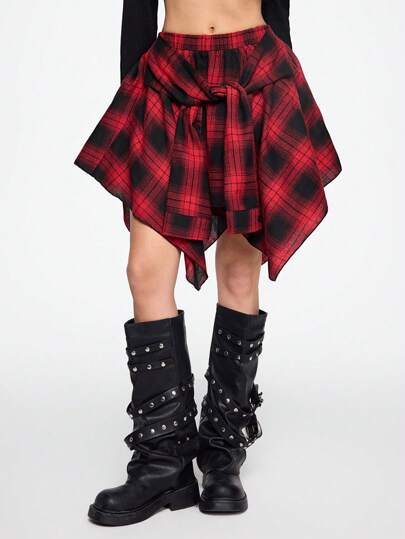 Grunge Punk Gonna mini asimmetrica a strati con lacci, stile grunge vintage, a quadri