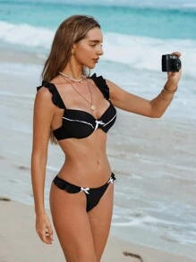 SHEIN Swim Ensemble de bikini à armature matelassé noir et blanc avec bordure à volants pour femmes d'été, bretelles réglables, décoration de nœud, design mignon