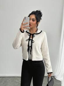 SHEIN Privé Women's New Apricot Crash Black Trim, Front Tie Lapel Long Sleeve Sweater Cardigan, Loop Yarn Sweater Cardigan, Apricot Sweater Cardigan