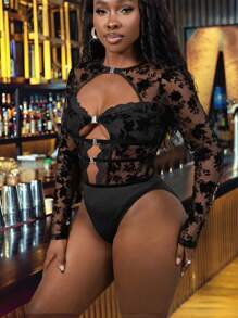 Slaydiva Women's Sexy Hollow-Out Metallic Lace Bodysuit, Suitable For Christmas, New Year, Valentine's Day, Party, Date, Daily Wear, All Season - Black - View 5