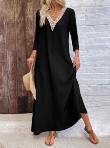 EMERY ROSE Women's Contrast Lace V-Neck Long Sleeve Casual Long Dress