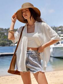 SHEIN VCAY 度假休闲纯色短袖衬衫 - 白色 - 查看 3