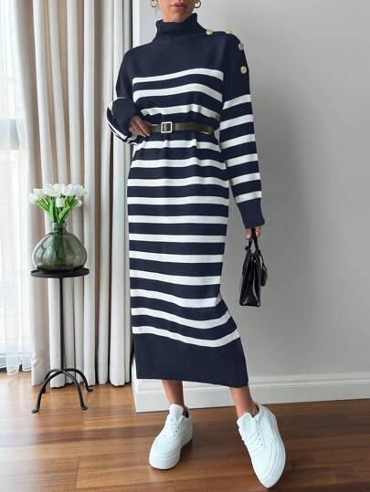 EURMUSE Women's Knitwear Dress With Gold Coloured Buttons