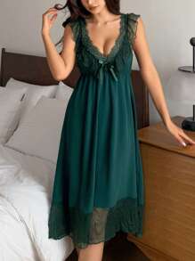 DAZY 夏季浪漫网眼蕾丝拼布荷叶边下摆吊带睡裙、睡衣 - 墨綠色 - 查看 8