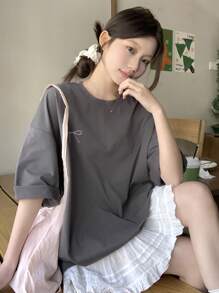 DAZY Camiseta oversize de cuello redondo con estampado de lazo de unicolor y manga corta, camisetas gráficas - Negro - Ver 6