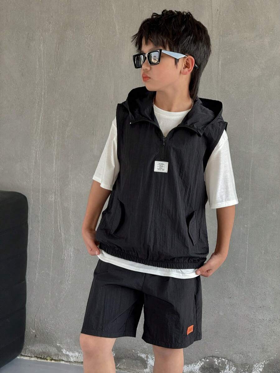 SHEIN 3 件套青少年男孩休闲背心、T 恤和短裤 - 黑色 - 查看 1