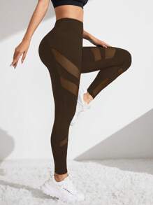 Easithlete Quần legging thể thao thường ngày ôm vừa vặn lưới chắp vá cho nữ - màu nâu - Xem 3