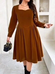 Flirla Einfaches Kleid im französischen Stil, Große Größen, mit quadratischem Ausschnitt, Puffärmeln und taillierter Taille, knielanges Design, für Herbst/Winter