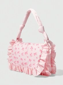 ROMWE Kawaii 1 pieza Bolso de mano grande con volantes y lazo rosa, adecuado para una cita del Día de San Valentín