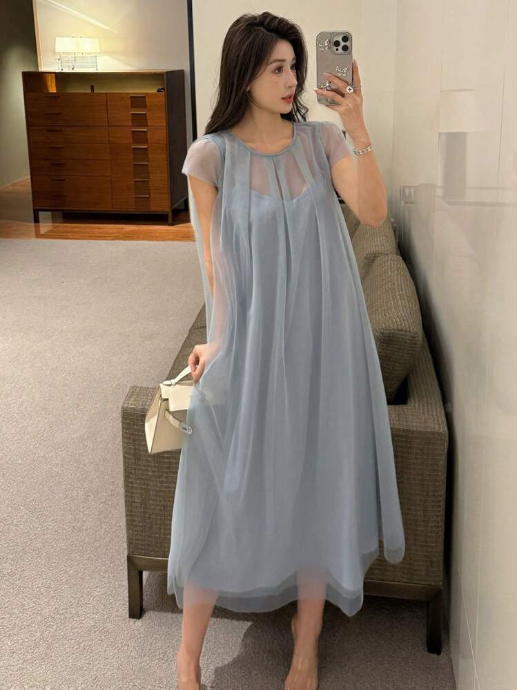 DAZY Vestido midi de malla de unicolor elegante para mujer, vestido casual de verano para mujer - Azul - Añade 8