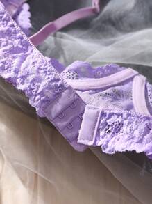 SHEIN Women's Simple Floral Lace Sexy Lingerie Set (2pcs Bra And Panty Set With Underwire) For Going Out - Mauve Purple - View 3