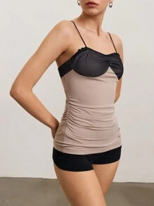 SHEIN Unity 女士对比色对比网眼荷叶边修身吊带背心上衣 - 彩色 - 查看 5