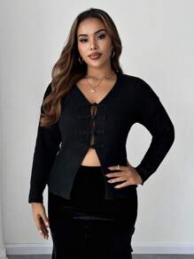 Celure Plus Size Women Solid Color V-Neck Tie Long Sleeve Casual Knitted Cardigan