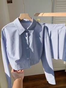 Comfortcana 2pcs Women Set: Front Button Long Sleeve Striped Blouse & Skirt - Blue - View 5