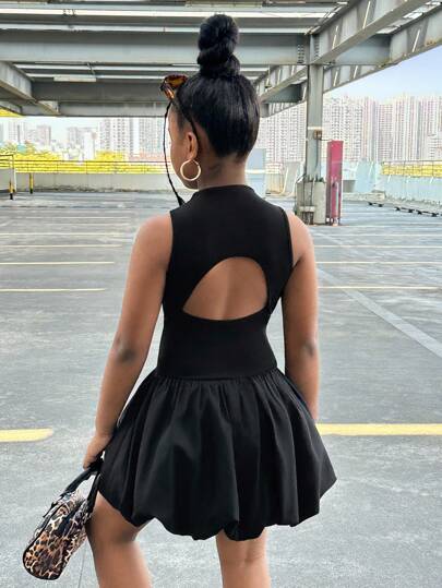 Tween Girl Casual & Comfortable Sleeveless Solid Color Backless Knit Black Mini Dress