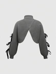 ROMWE Kawaii Plus Size Women's Cute Asymmetrical Hem Bowknot Decor Sweater With Ribbed Cuffs