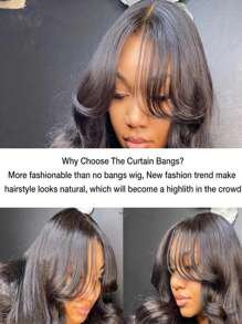 13x4/13x6 透明蕾丝前部假发，带窗帘刘海，波浪假发，真人发，自然色蕾丝前部，女士假发 - Natural Black - 查看 7