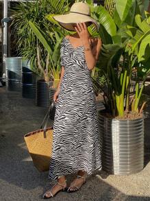 DAZY Vestido maxi de verano para mujer con tirantes y volantes con estampado de zebra, vestidos casuales para mujeres