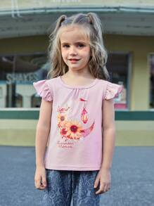 Wildeya Camiseta con estampado floral y lunar, y mangas con volantes para niñas jóvenes, color rosa, dulce y bonita, adecuada para actividades diarias, salidas y eventos sociales, colección de primavera/verano para el Ramadán