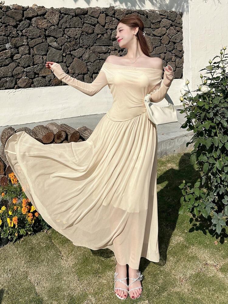 Women's Solid Color Draped Neck Pleated Long Sleeve Dress, Elegant,Fall Dress Maxi Dress