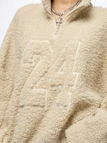 SUMWON WOMEN Oversized Half-Zip Sherpa Sweatshirt With Number Print Cozy Winter Loungewear Textured Plush Fleece Athletic Casual Pullover Streetwear