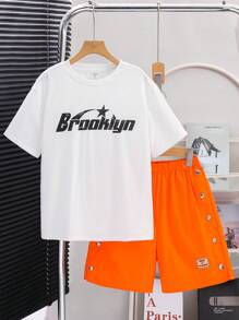 2pcs/Set Tween Boys Casual Cartoon Print Crew Neck Loose T-Shirt And Solid Loose Woven Shorts 2 Pieces Outfit, Suitable For School, Garden, Beach, Birthday In Spring, Summer, Autumn, Winter - Multicolor - View 3