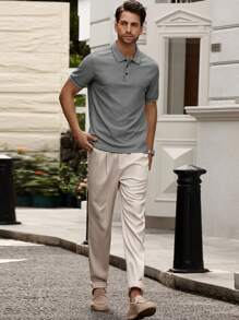 Manfinity Bizformal 男士条纹短袖休闲通勤 Polo 衫 - 灰色 - 查看 5