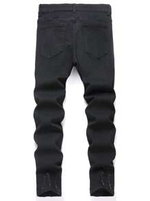 Manfinity LEGND 男式休闲纯色破洞紧身牛仔裤 - 黑色 - 查看 2