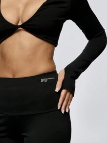SUMWON WOMEN Top corto atlético de manga larga con nudo delantero, prenda deportiva para ejercicio, gimnasio, danza, yoga, actividad física, con tela elástica y de secado rápido, sujetador deportivo para entrenamiento y