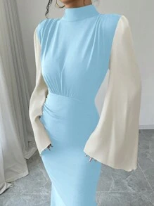 Chiquease Women's Elegant Contrast Color Block Flare Sleeves Stand Collar Mermaid Dress