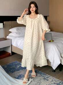 DAZY Ditsy Floral With Ruffle Hem Nightgown Pajama, Moo Moo - White - View 3