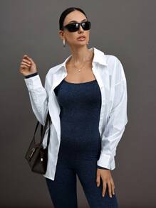 Activina 1pc Women's Solid Color Long Sleeve Simple Casual Shiny Seamless Jumpsuit Sports Outfit - Blue - View 6