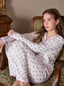 青少年女孩碎花撞色滾邊睡衣套裝 - 白色 - 查看 3