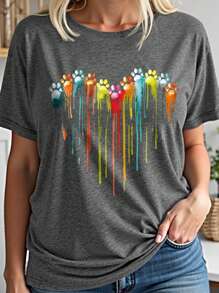 INAWLY Plus Size Printed Round Neck Short Sleeve T-Shirt Suitable For Valentine's Day Casual Wear Graphic Tees Women Tops - Dark Grey - View 1