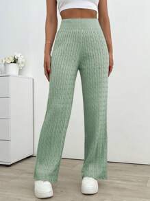SHEIN Cottnline 纹理纯色弹性腰带针织裤 - 薄荷綠 - 查看 5