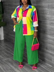 Slaydiva Plus Size Casual Elegant Colorful Plaid Long Sleeve Shirt And High Waist Yellow Straight Wide Leg Pants 2 Pieces Set, Autumn/Winter