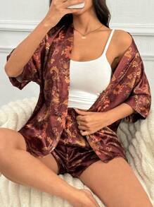 Women Floral Print Short Sleeve Robe And Shorts Pajama Set - Red - View 4