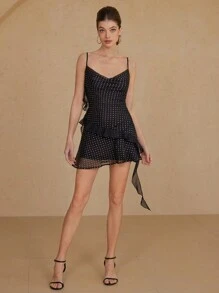 GENKIRA Kurzes Kleid mit Rüschensaum und Polka Punkten, romantischer französischer Stil, Crop-Länge, taillenformend, Chiffon, für Damen - Schwarz - Übersicht 6