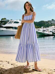 SHEIN VCAY 女式休闲长款条纹荷叶边吊带连衣裙 - 藍白色 - 查看 5