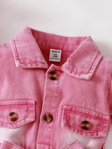 Baby Front Button Closure Short Sleeve Pocket Casual Romper - Pink - View 5